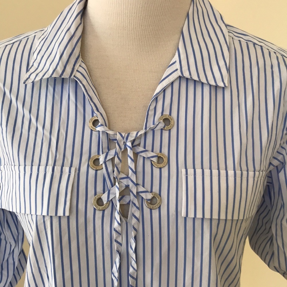 Calvin Klein white /blue striped lace up top . - Picture 2 of 8